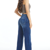 A lady wearing wide-leg denim jeans