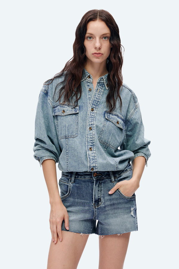 Nova High Rise Grinded Denim Shorts-Shorts-BAYEAS