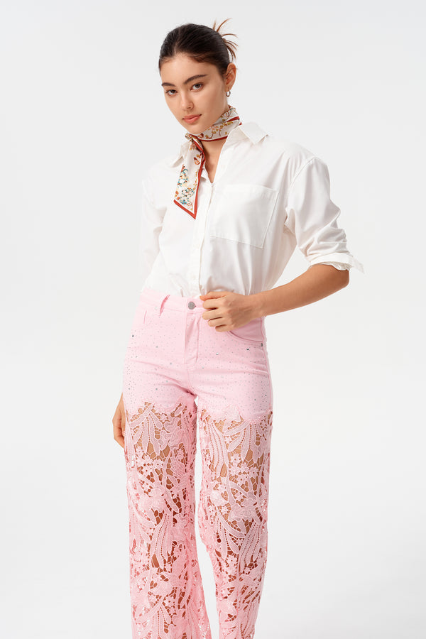 High-Rise Wide-Leg Lace Cut-out