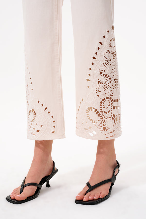 High Rise Ankle Embroidered Lace Straight Leg Pants