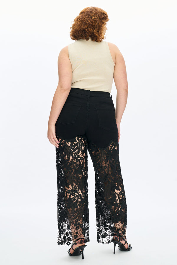 Embroidery High Rise Wide Leg Lace Denim Jeans With Rhinestone (最新版备份)-Wide Leg-BAYEAS