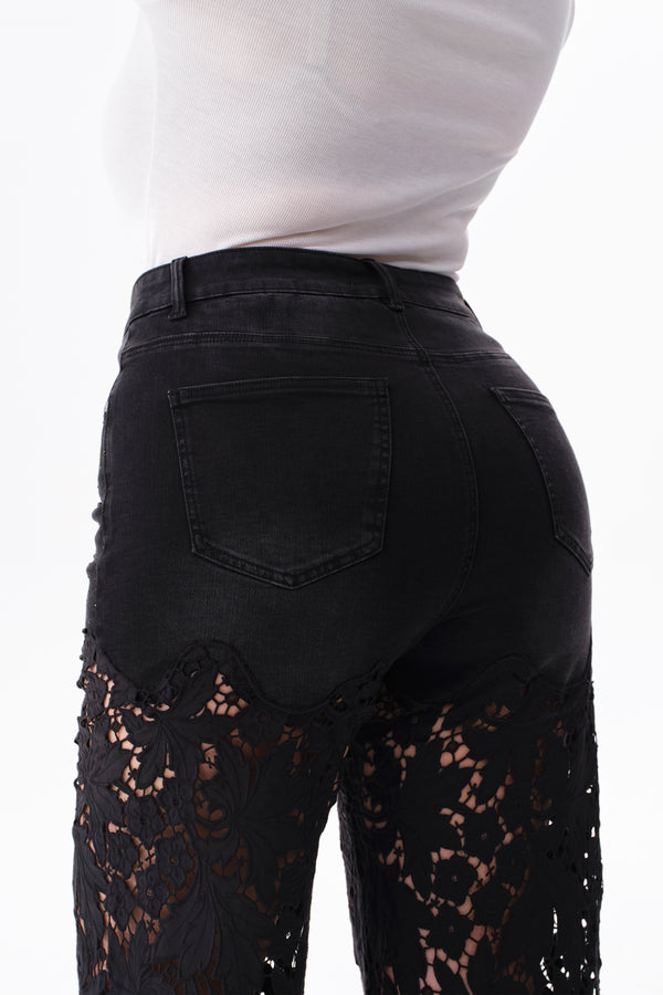 High Rise Floral Embroidered Wide Leg Pants