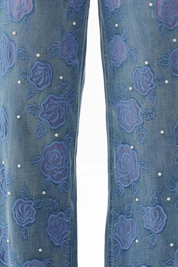 Chic Mid Rise Pearl Embellished Wide Leg Jeans