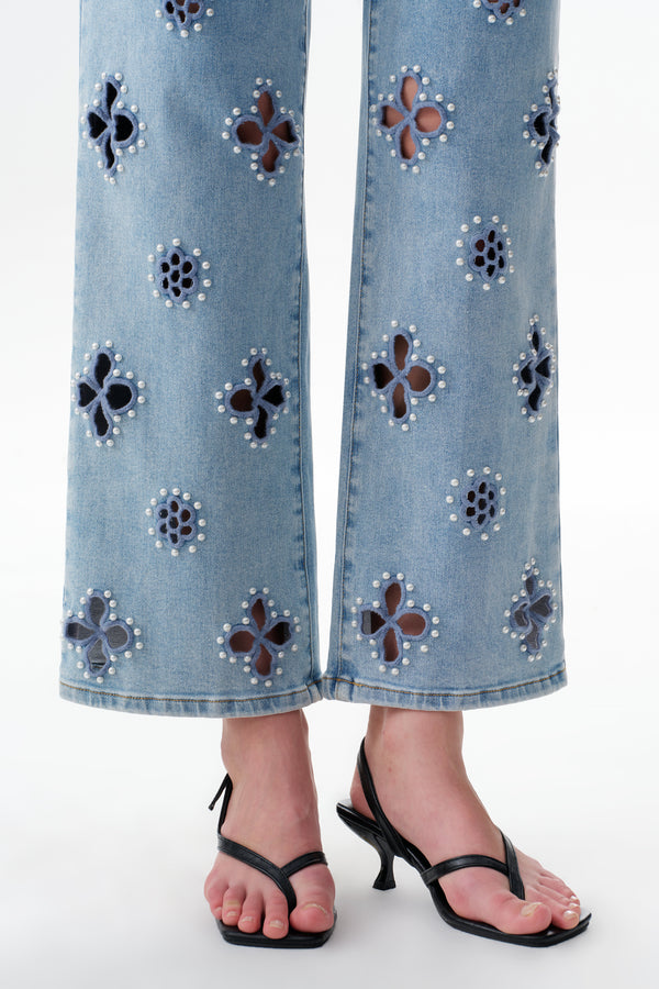 High Rise Floral Embroidered Straight Leg Jeans