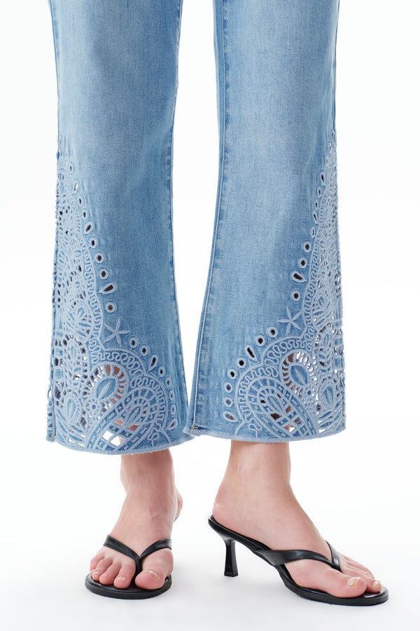 High Rise Ankle Embroidered Lace Straight Leg Pants