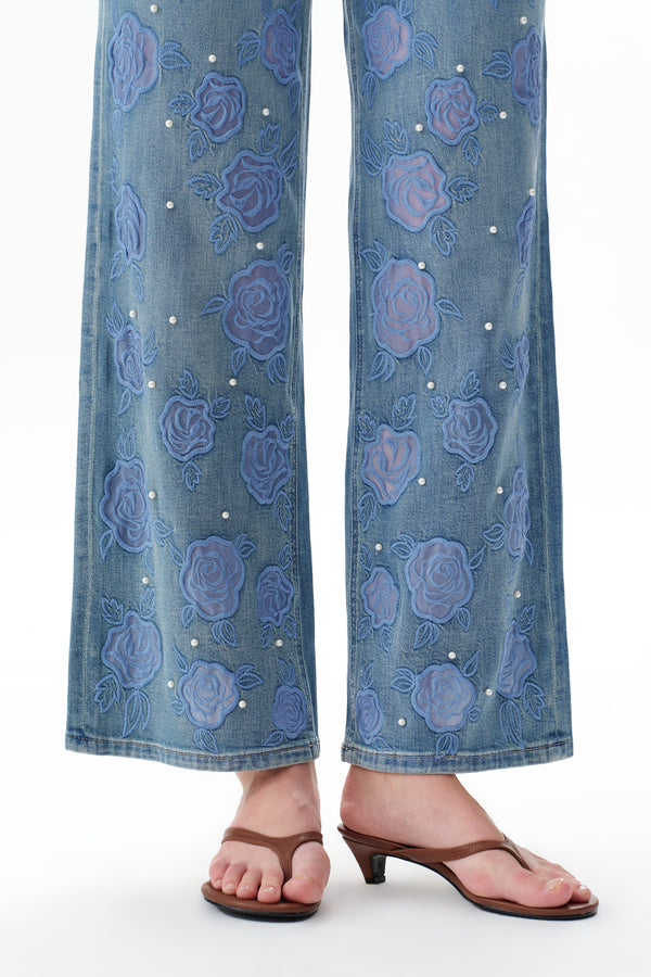 Chic Mid Rise Pearl Embellished Wide Leg Jeans