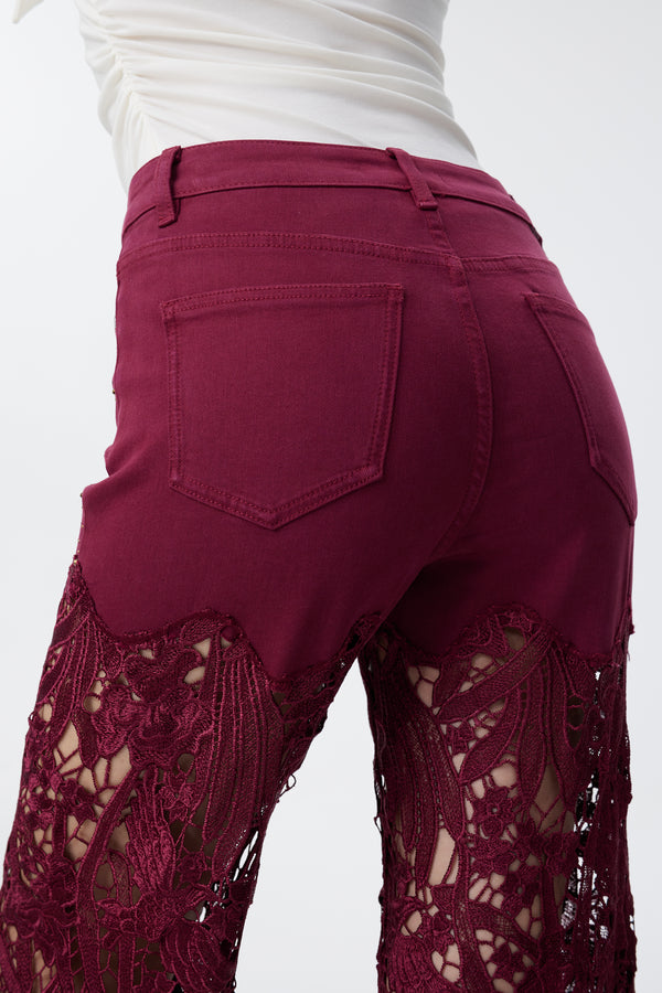 High Rise Ankle Embroidered Lace Wide Leg Jeans