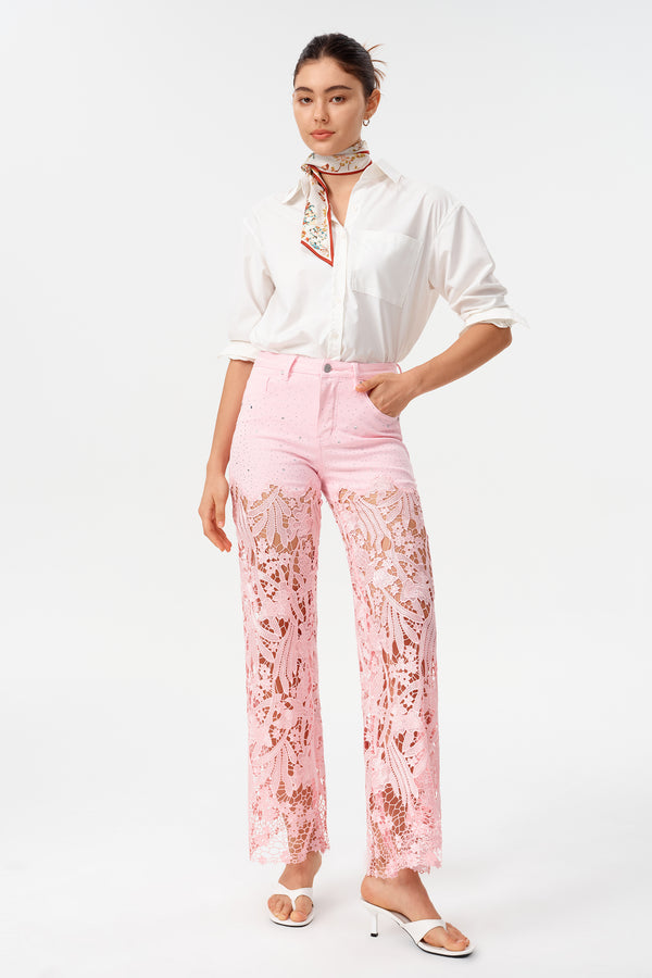 High-Rise Wide-Leg Lace Cut-out