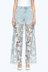 Embroidery Wide Leg Lace Jeans With Rhinestone