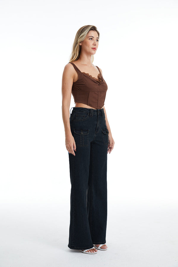 Front Cargo Pockets Flare Jeans-Flare & Bootcut-BAYEAS
