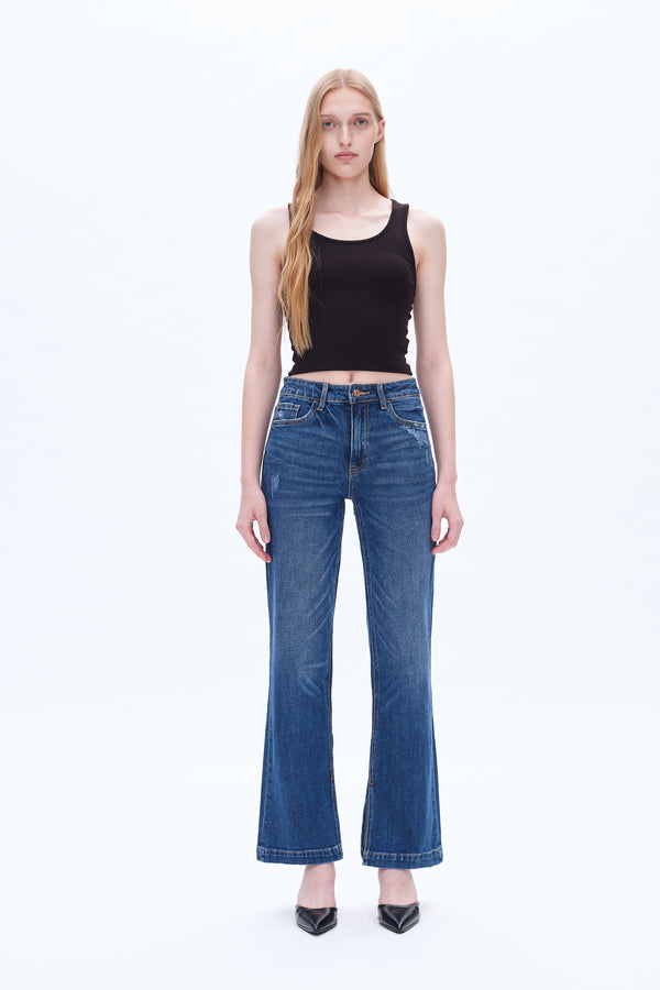 High Rise Straight Denim Jeans With Slit-Straight-BAYEAS