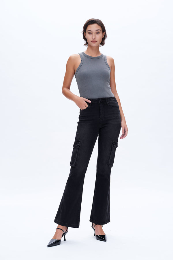 Black Flared Cargo Jeans-Flare & Bootcut-BAYEAS