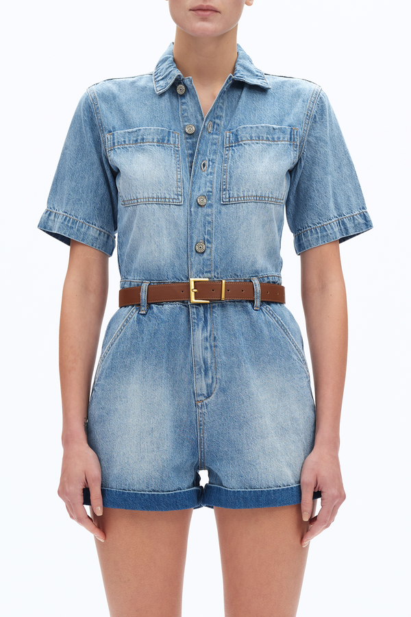 Boxy Fit Denim Romper-Rompers-BAYEAS