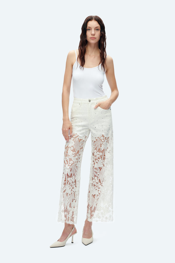 Embroidery High Rise Wide Leg Lace Denim Jeans With Rhinestone (最新版备份)-Wide Leg-BAYEAS