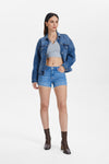 High Rise Denim Shorts With Raw Hem-Shorts-BAYEAS