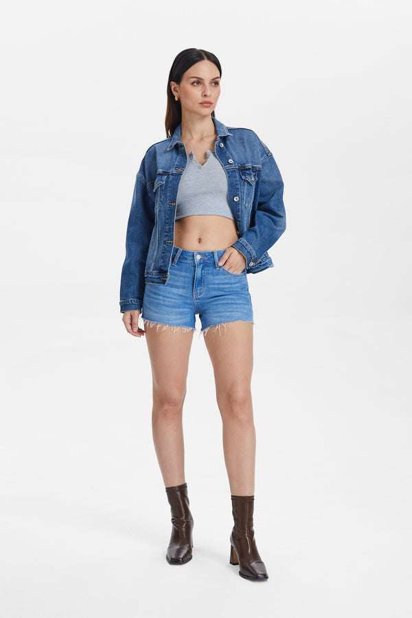 High Rise Denim Shorts With Raw Hem-Shorts-BAYEAS