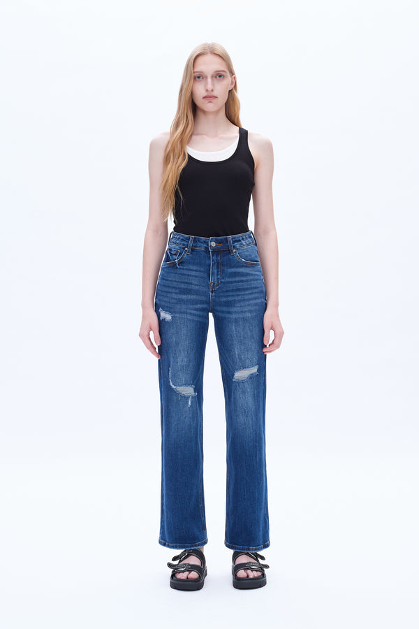 High Rise Wide Leg Denim Jeans-Wide Leg-BAYEAS