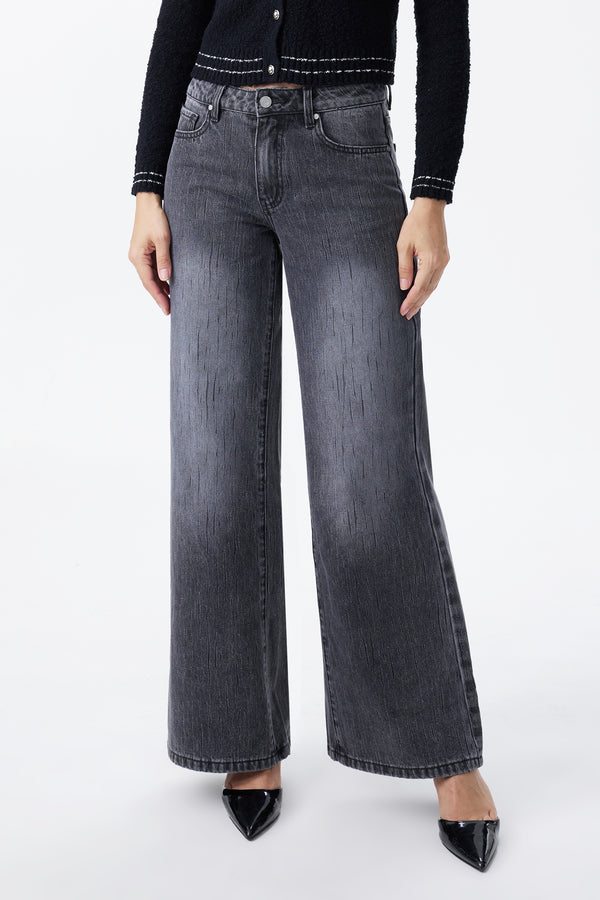 Mid Rise Textured Stripe Wide Leg Jeans