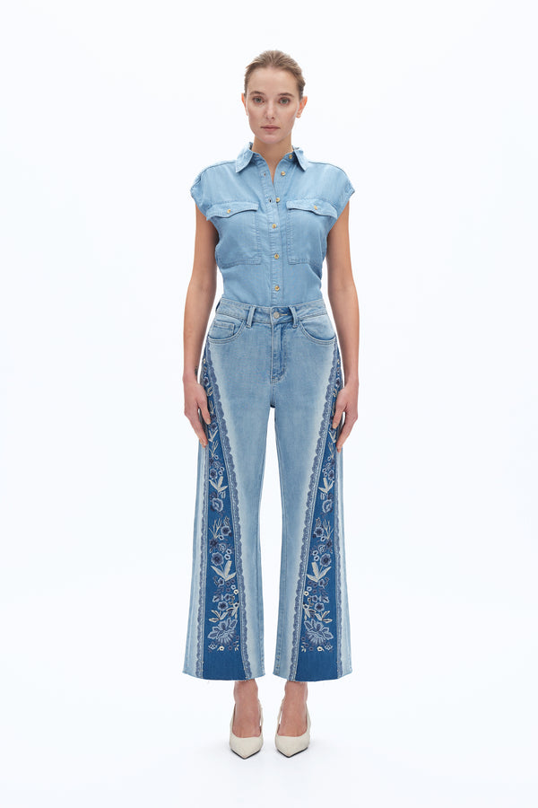 Patchwork Embroidered Wide Leg Jeans-Wide Leg-BAYEAS