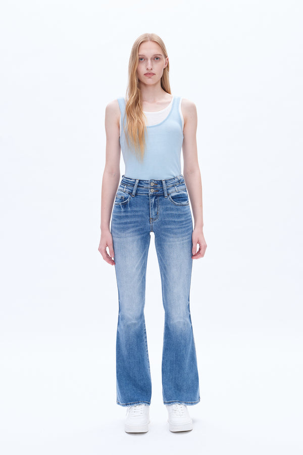 High Rise Flare Denim Jeans With Clean Hem-Flare & Bootcut-BAYEAS