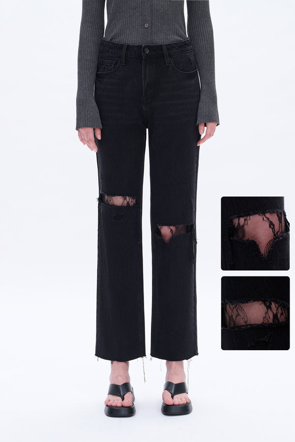 High Rise Distressed Straight Jeans