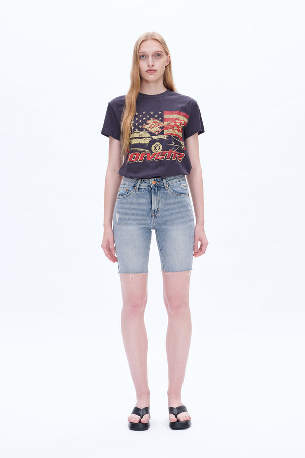 Ally Mid Rise Denim Shorts With Raw Hem-Shorts-BAYEAS