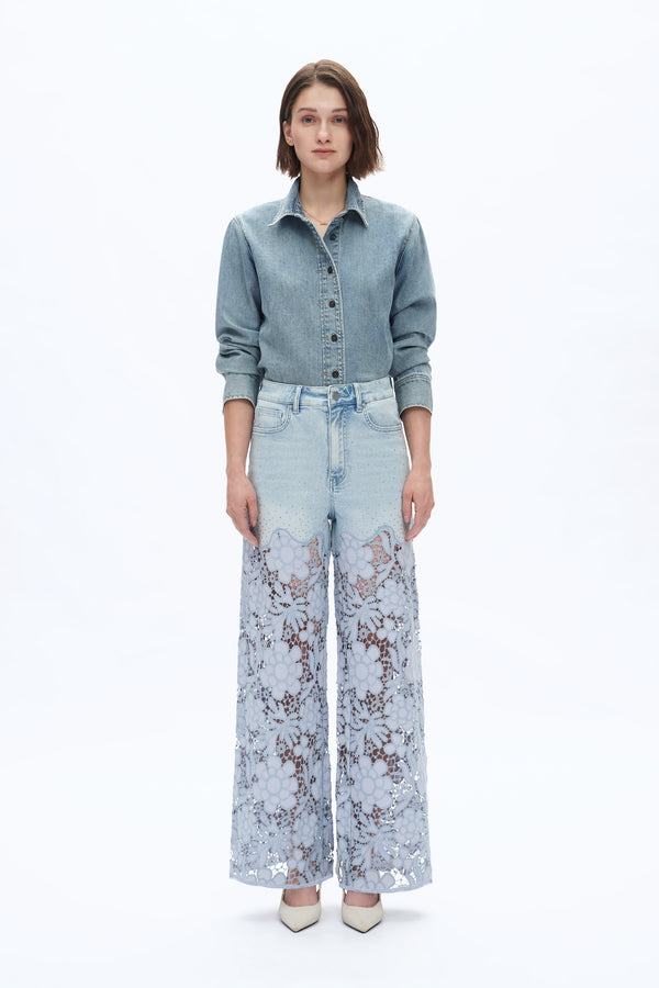 Beaded Patchwork Wide Leg Jeans-Wide Leg-BAYEAS