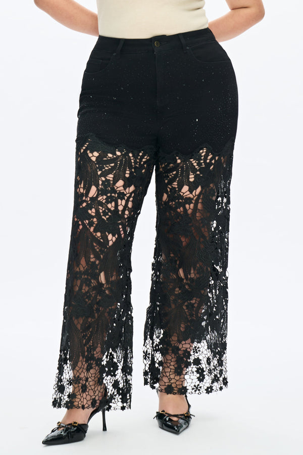 Embroidery High Rise Wide Leg Lace Denim Jeans With Rhinestone (最新版备份)-Wide Leg-BAYEAS