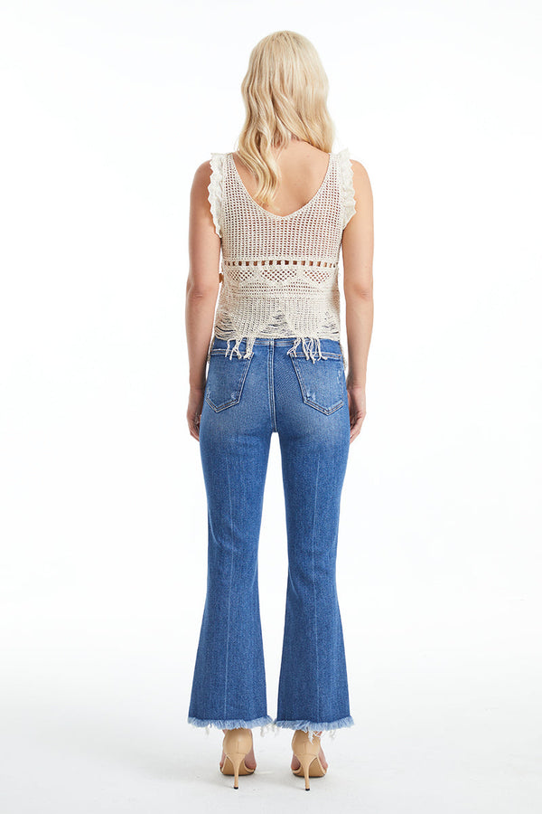 High Rise Flare Jeans With Frayed Hem-Flare & Bootcut-BAYEAS
