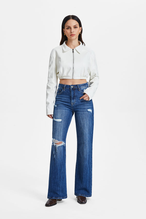 High Rise Wide Leg Distressed Jeans-Wide Leg-BAYEAS