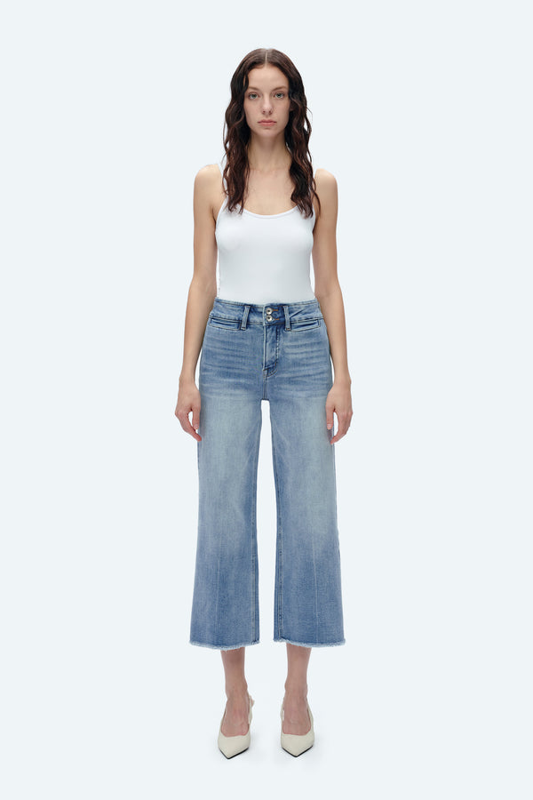 High Rise Wide Leg Denim Jeans With Raw Hem-Wide Leg-BAYEAS