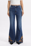 High Rise Embroidered Hem Flare Jeans