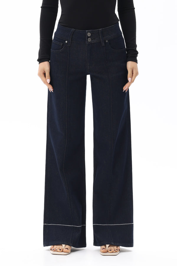 Mid Rise Wide Leg Jeans with Contrast Stitching