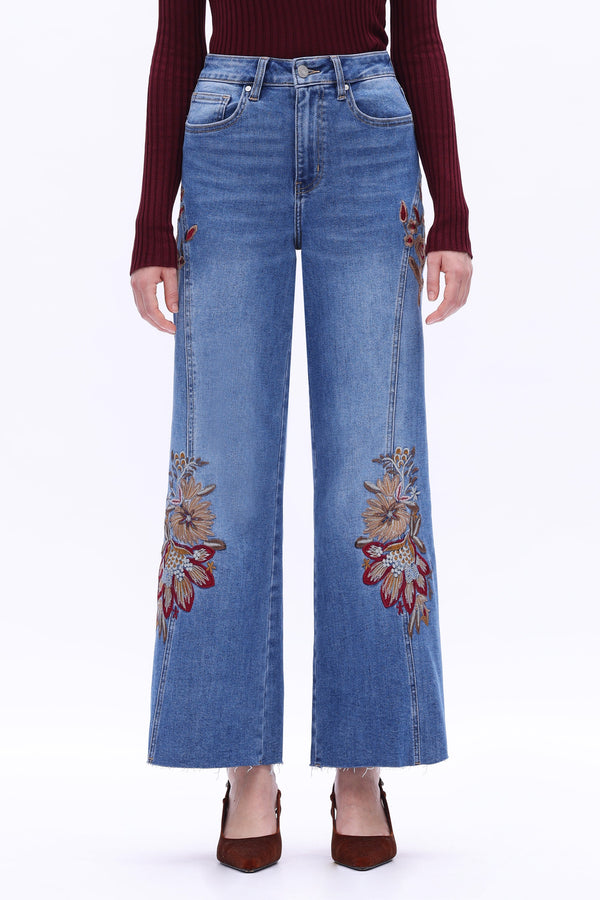 High Rise Embroidered Wide Leg Jeans-Wide Leg-BAYEAS