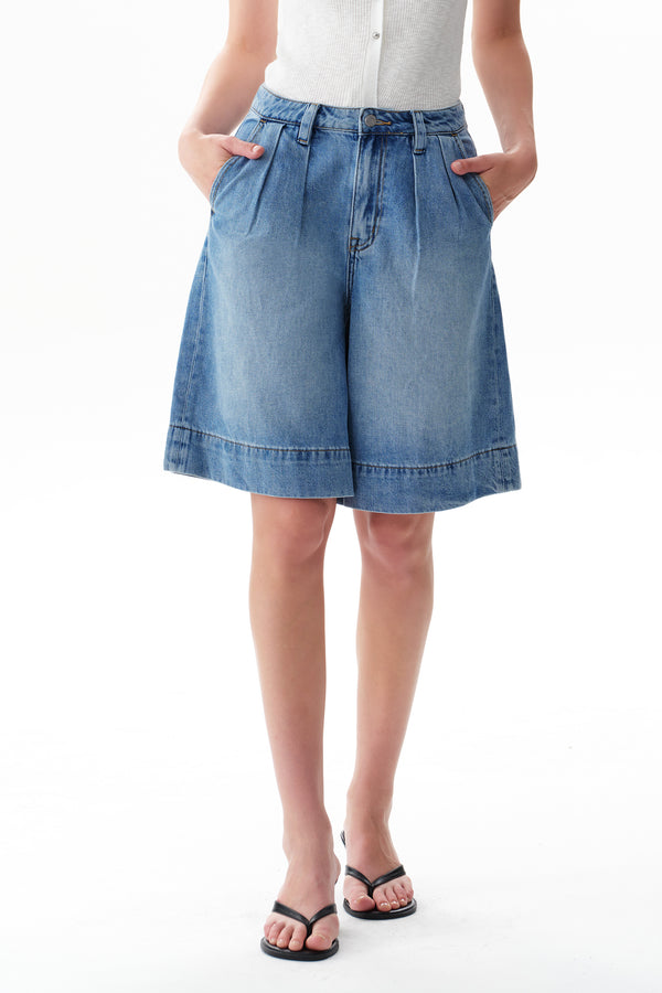 High Rise Pleated Denim Bermuda Shorts