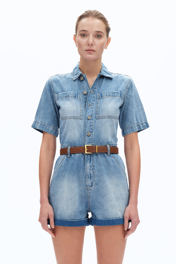 Boxy Fit Denim Romper-Rompers-BAYEAS