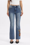 Mid Rise Floral Embroidered Raw Hem Bootcut Jeans