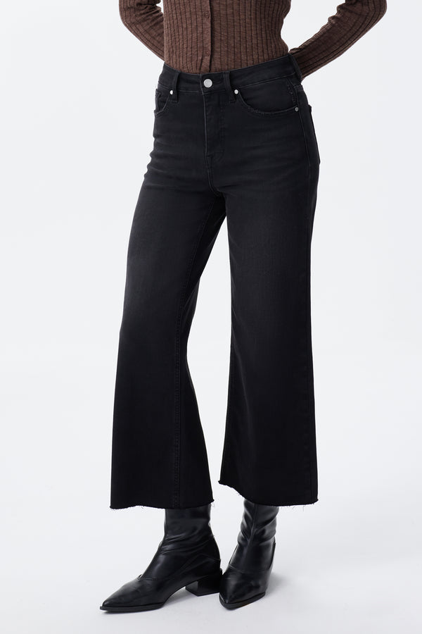 High Rise Cropped Distressed Wide Leg Jeans
