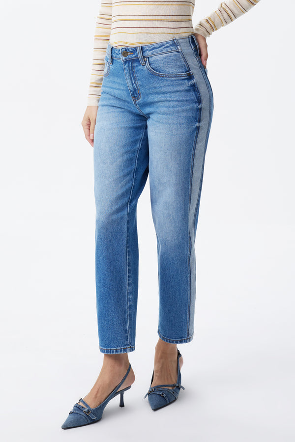 Mid Rise Contrast Panel Straight Leg Jeans