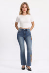 Mid Rise Floral Embroidered Raw Hem Bootcut Jeans