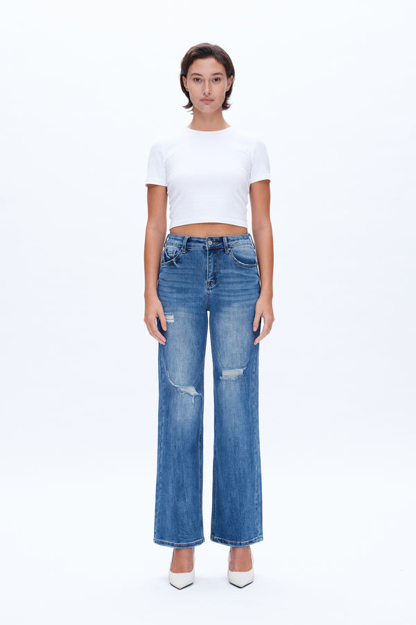 High Rise Wide Leg Denim Jeans-Wide Leg-BAYEAS