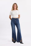 High Rise Embroidered Hem Flare Jeans