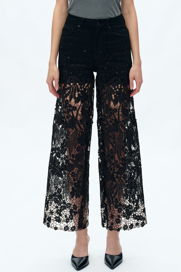 Embroidery High Rise Wide Leg Lace Denim Jeans With Rhinestone (最新版备份)-Wide Leg-BAYEAS