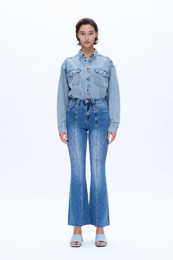 High Rise Raw Hem Flare Jeans-Flare & Bootcut-BAYEAS