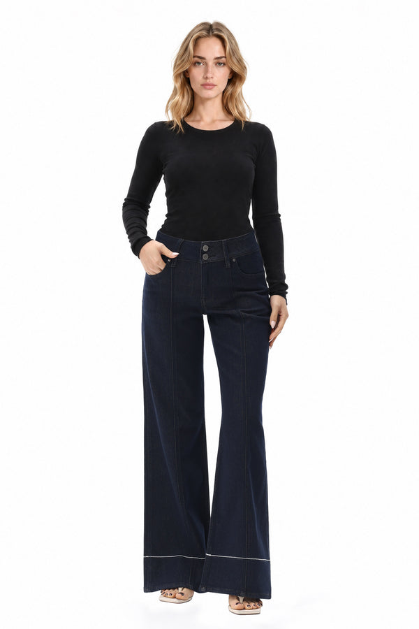 Mid Rise Wide Leg Jeans with Contrast Stitching