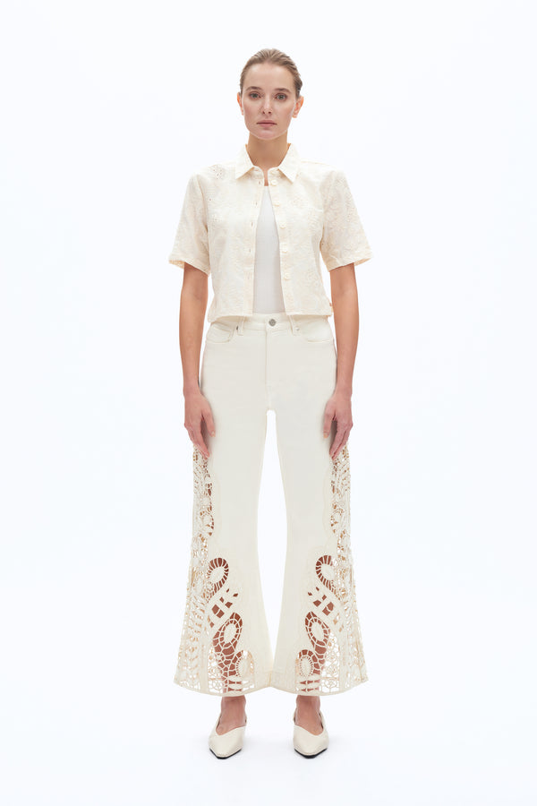 Embroidered High Rise Wide Leg Pants-Wide Leg-BAYEAS