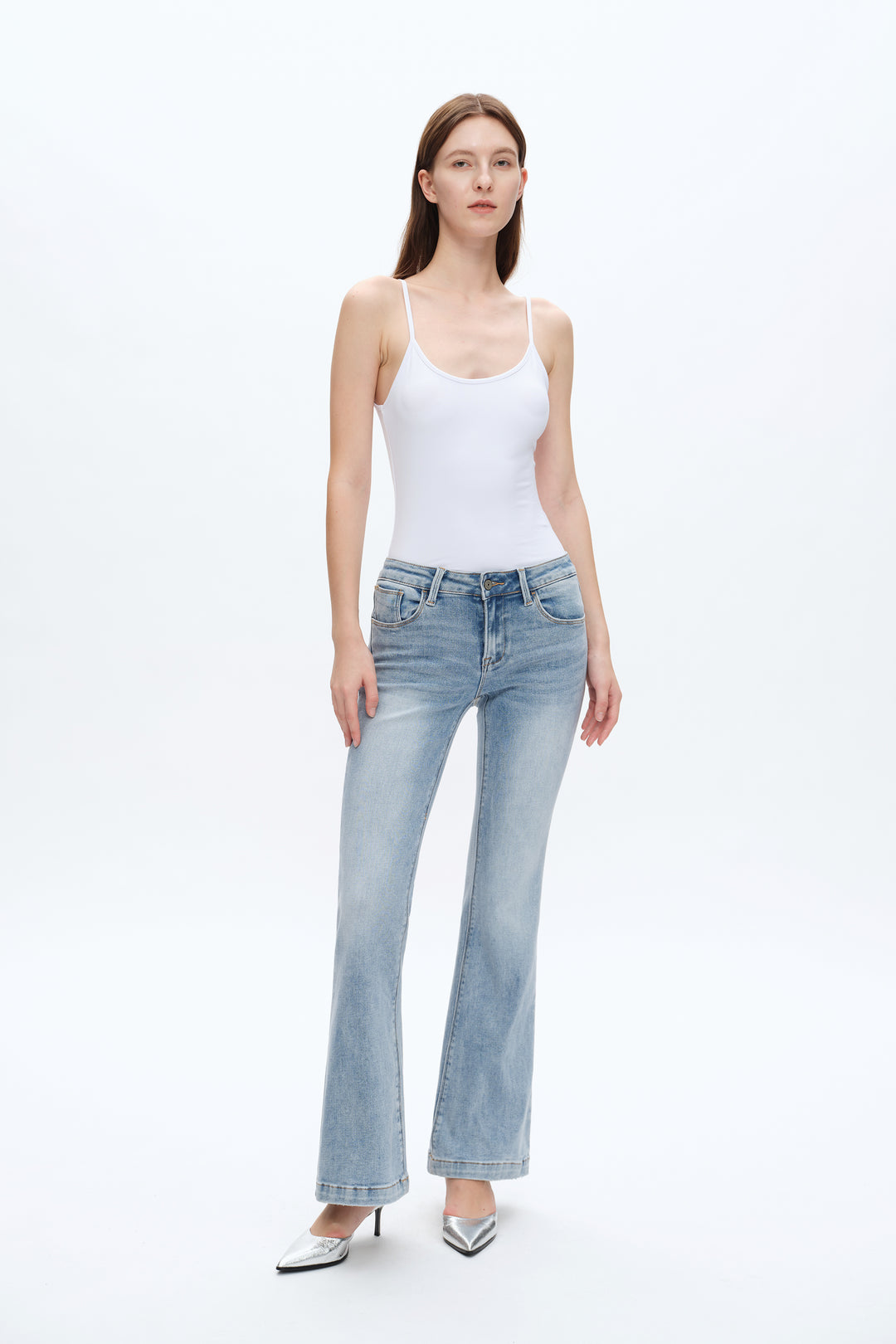 HIGH RISE FLARE DENIM JEANS WITH CLEAN HEM
