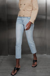 Mid Rise Cropped Raw Hem Straight Leg Jeans
