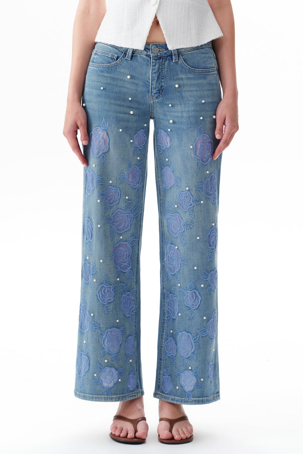 Chic Mid Rise Pearl Embellished Wide Leg Jeans