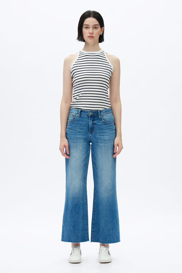 Mid Rise Wide Leg Denim Jeans With Raw Hem